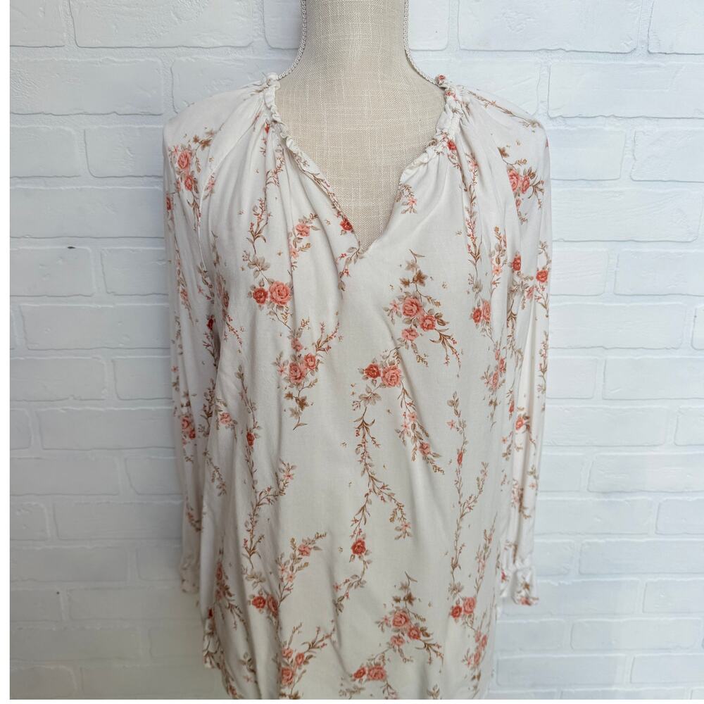 C&C California White Cottage Rose Peasant Style Long Sleeve Flowy Blouse sz L